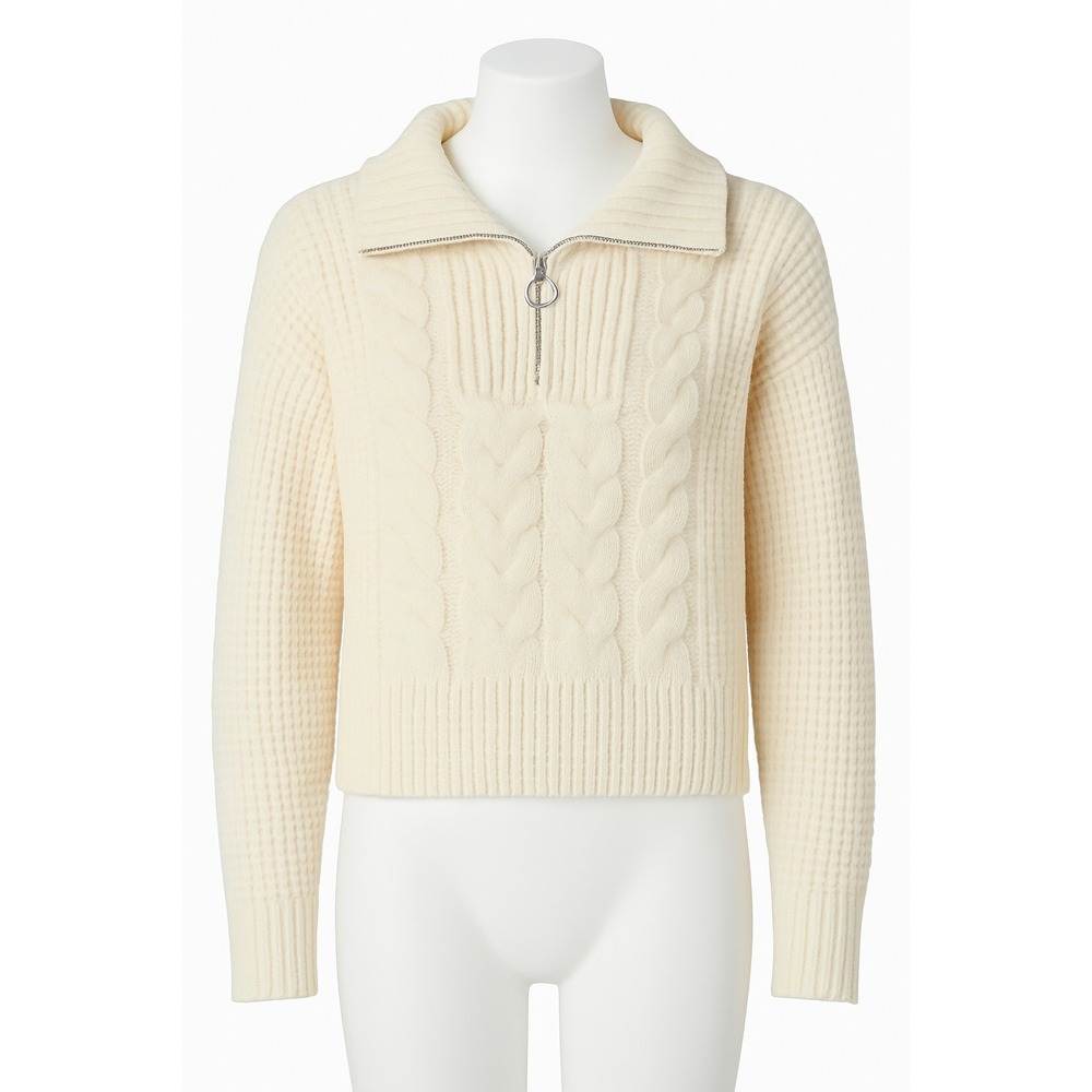 Olive + Oak Chenille Half Zip Sweater Cream Cable Knit Textured Women Medium NWT